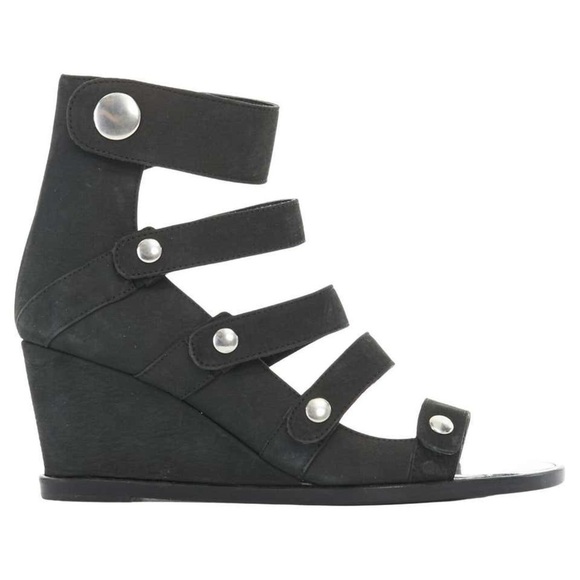 Opening Ceremony Olivia  Black Wedge Leather Suede Strappy Snap Button Sandals 9 - Picture 2 of 16